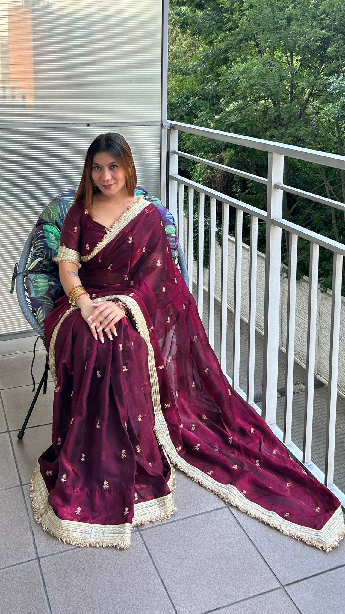 Maharani sari set in wine