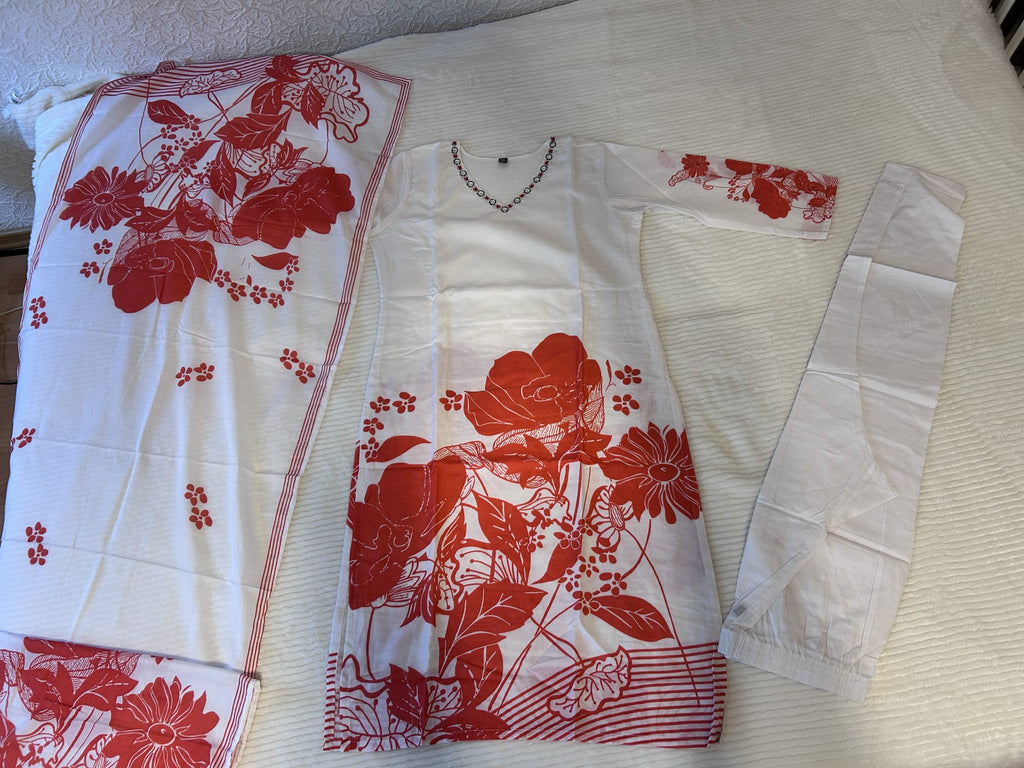 Printed v neck cotton kurta set