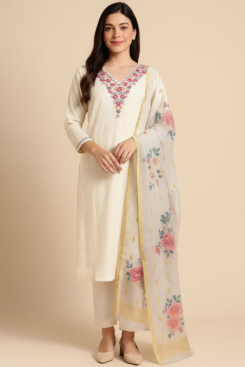 Cream colour v neck  kurta with trousers and printed organza shawl