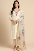 Cream colour v neck  kurta with trousers and printed organza shawl