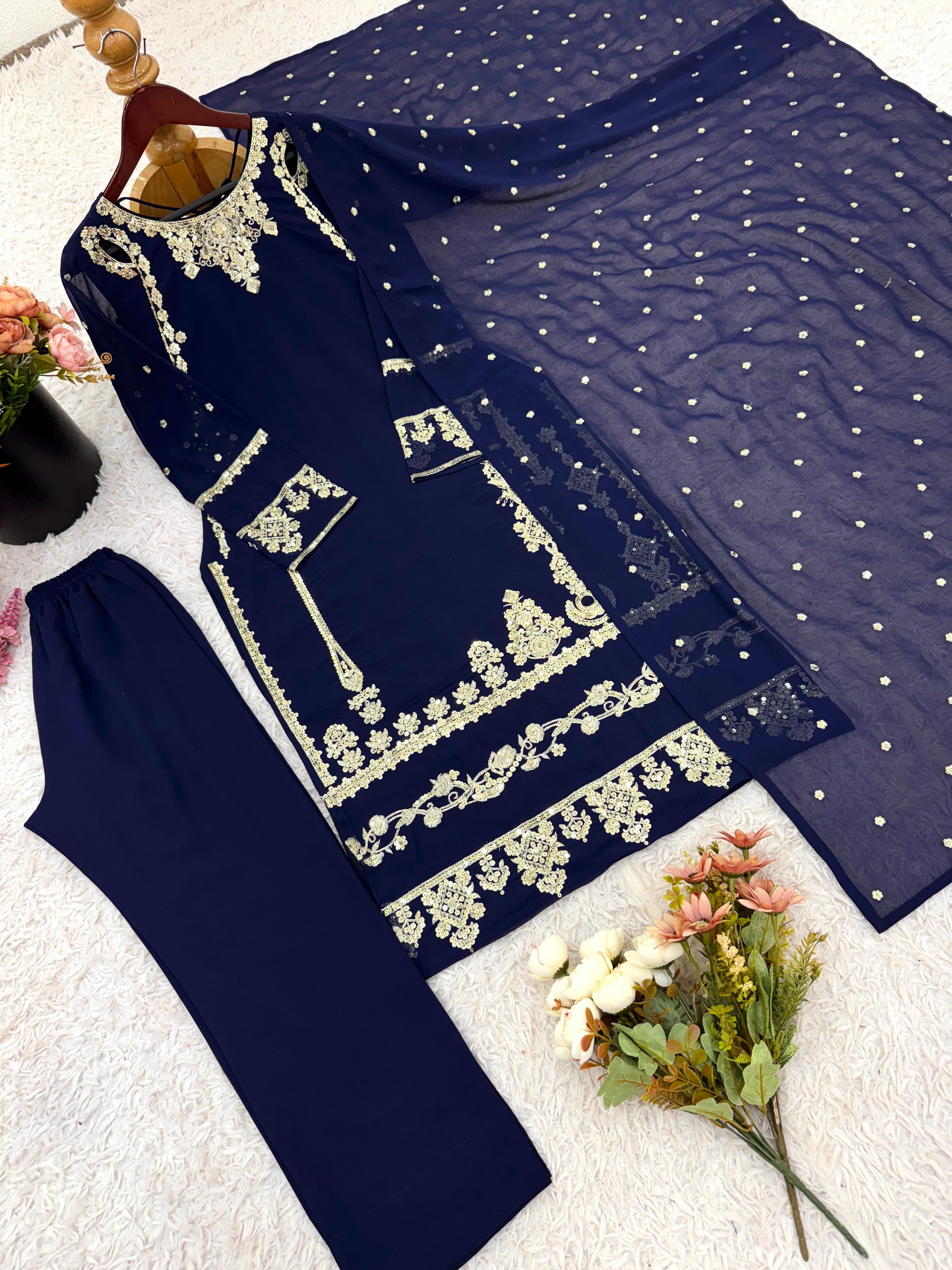 Women ethnic motif embroidered regular thread work kurta with trousers & dupatta