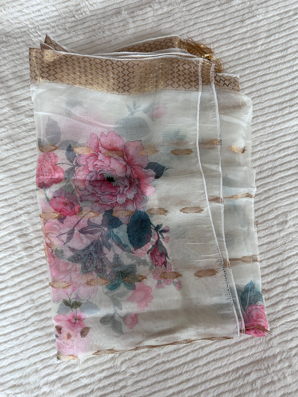 Cream colour v neck  kurta with trousers and printed organza shawl