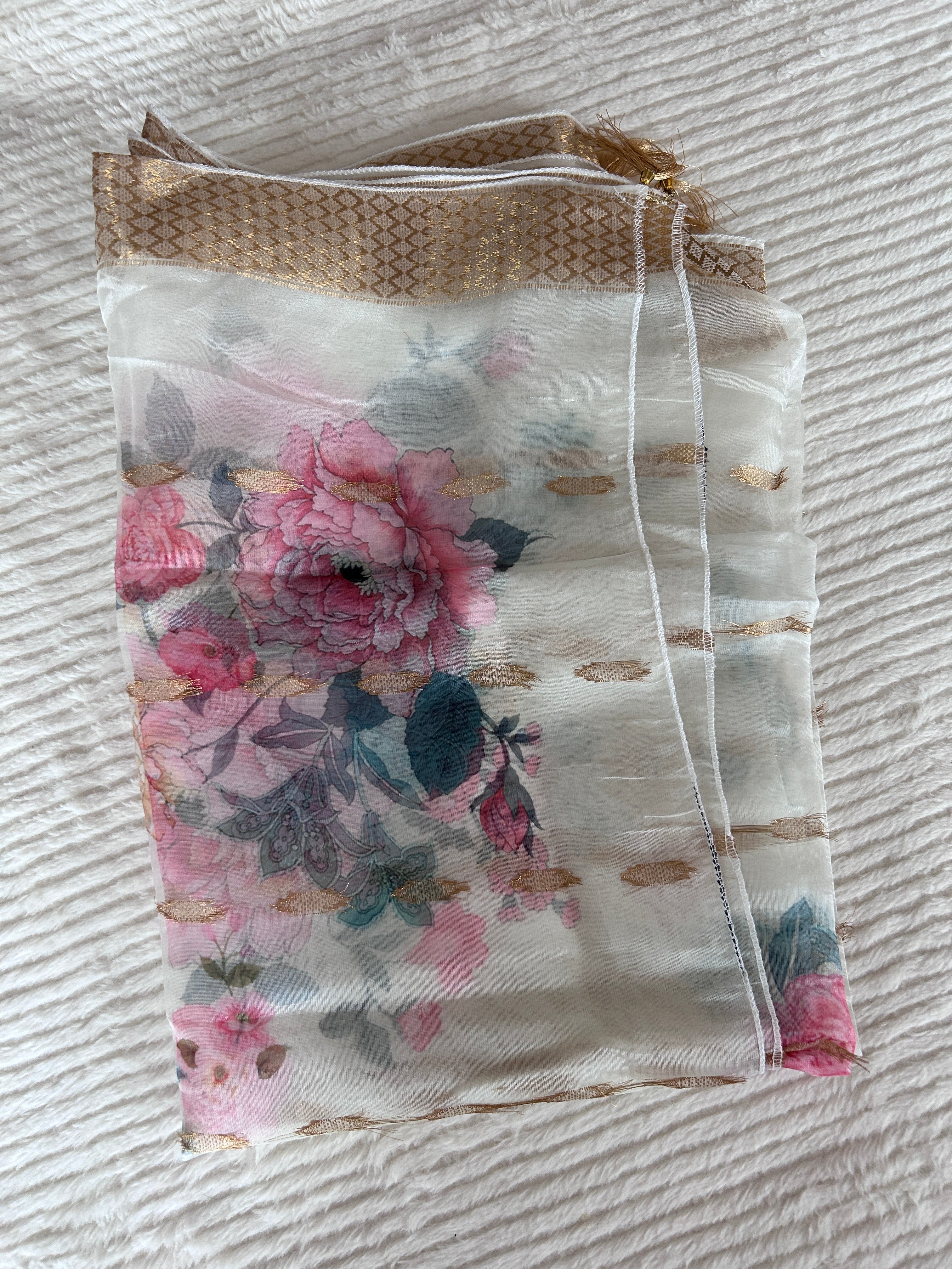 Cream colour v neck  kurta with trousers and printed organza shawl