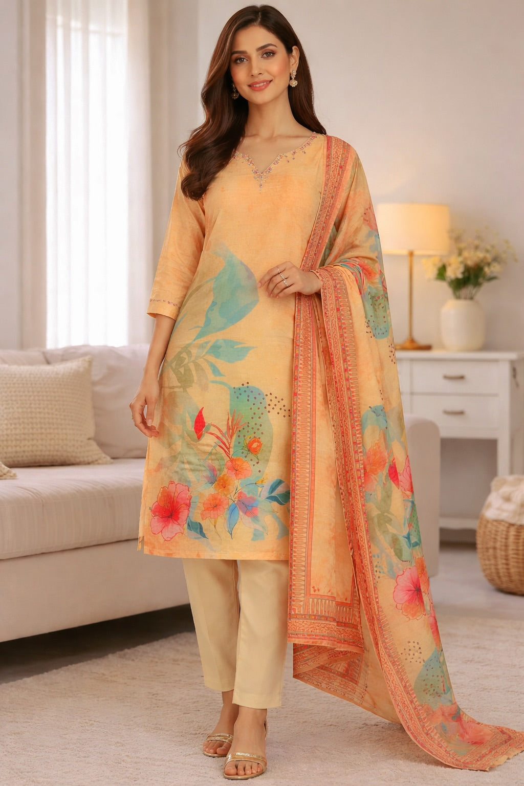 Ethnic Motifs Printed Straight Kurta With Trousers & Dupatta
