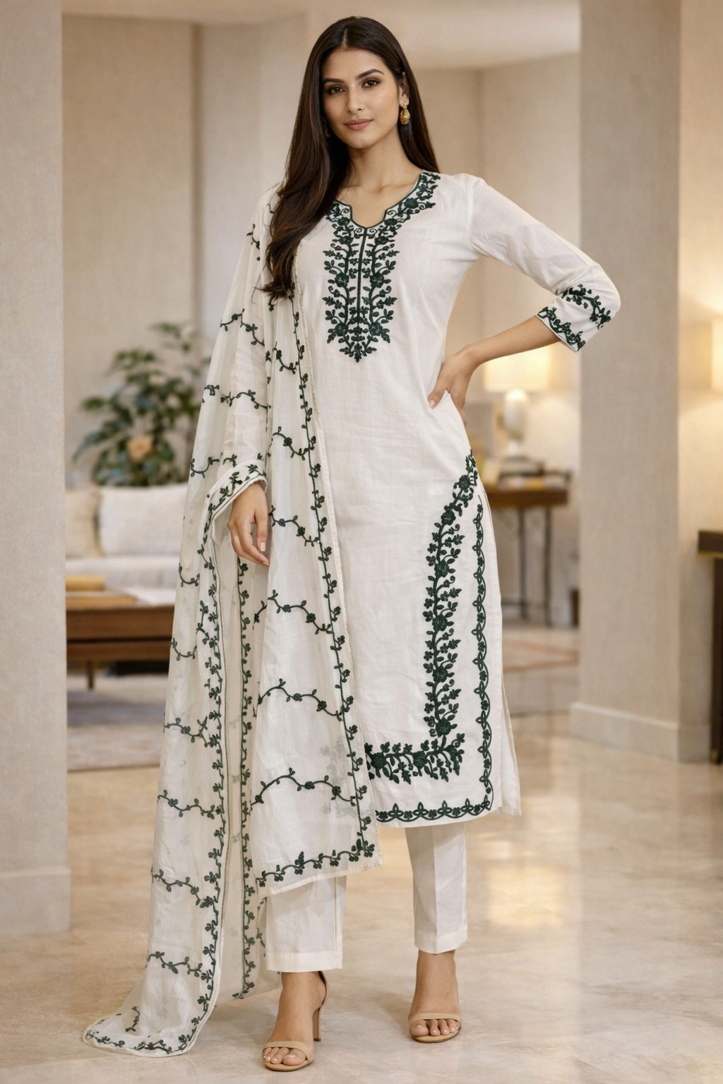 Embroidered Regular Thread Work Pure Cotton Kurta with Trousers & Dupatta
