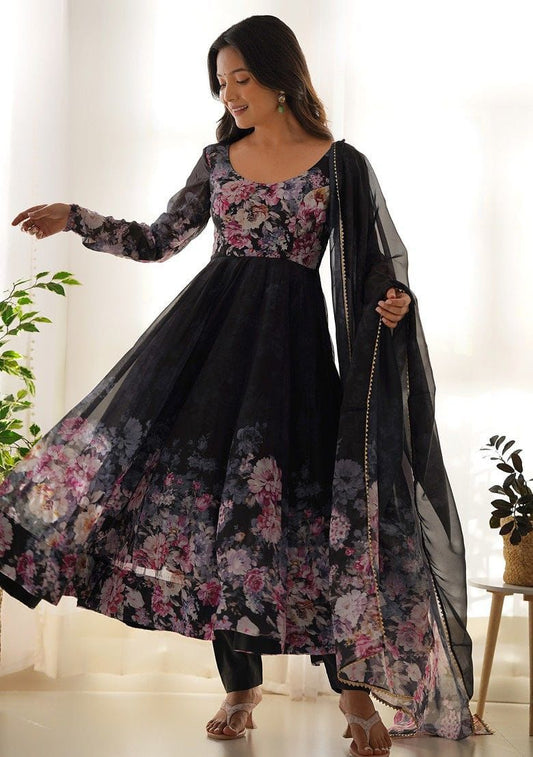 Women Floral Printed Pleated Kurta with Trousers & With Dupatta