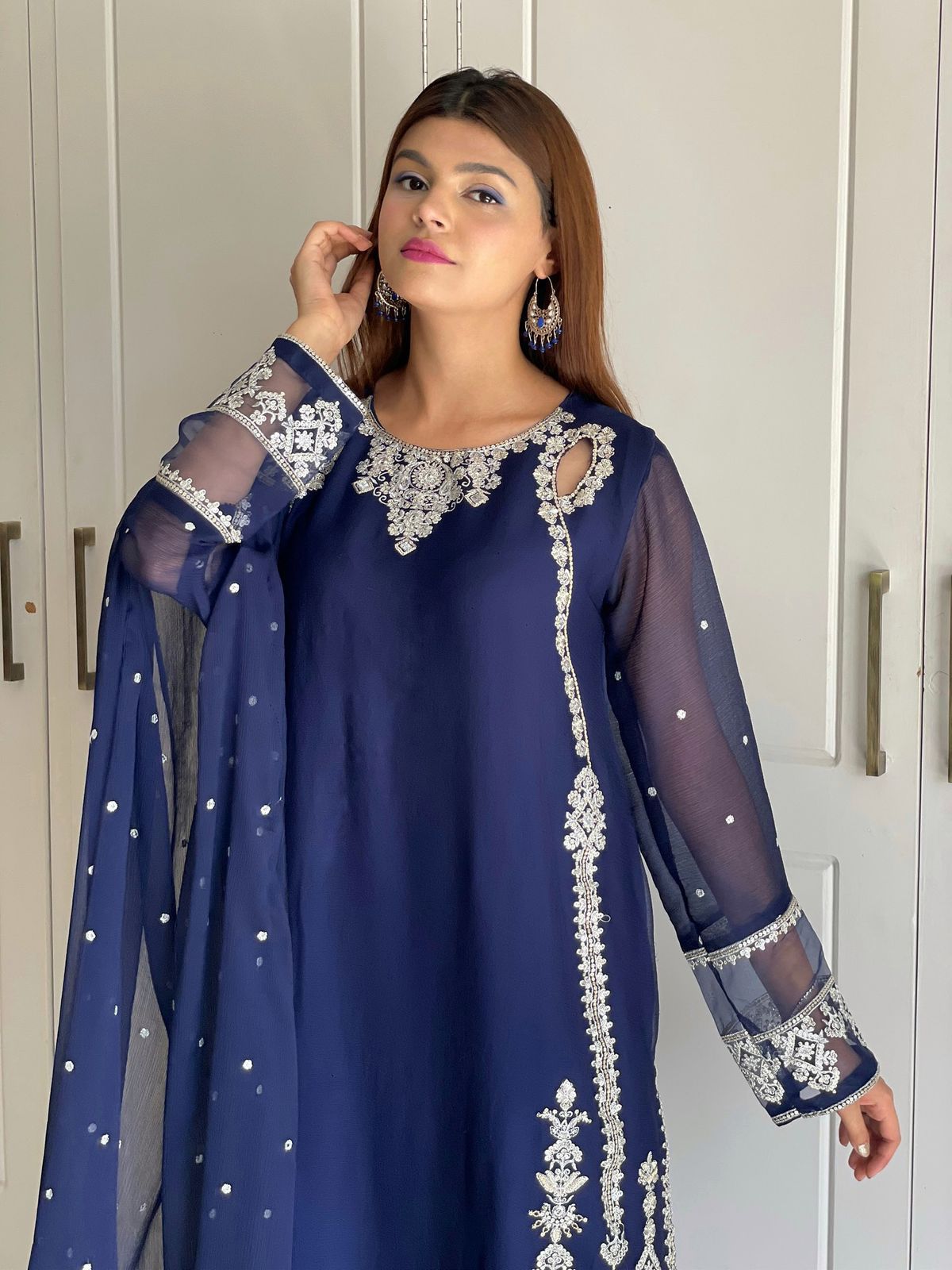 Floral Embroidered Regular Beads Work Georgette Kurta With Trousers & Dupatta