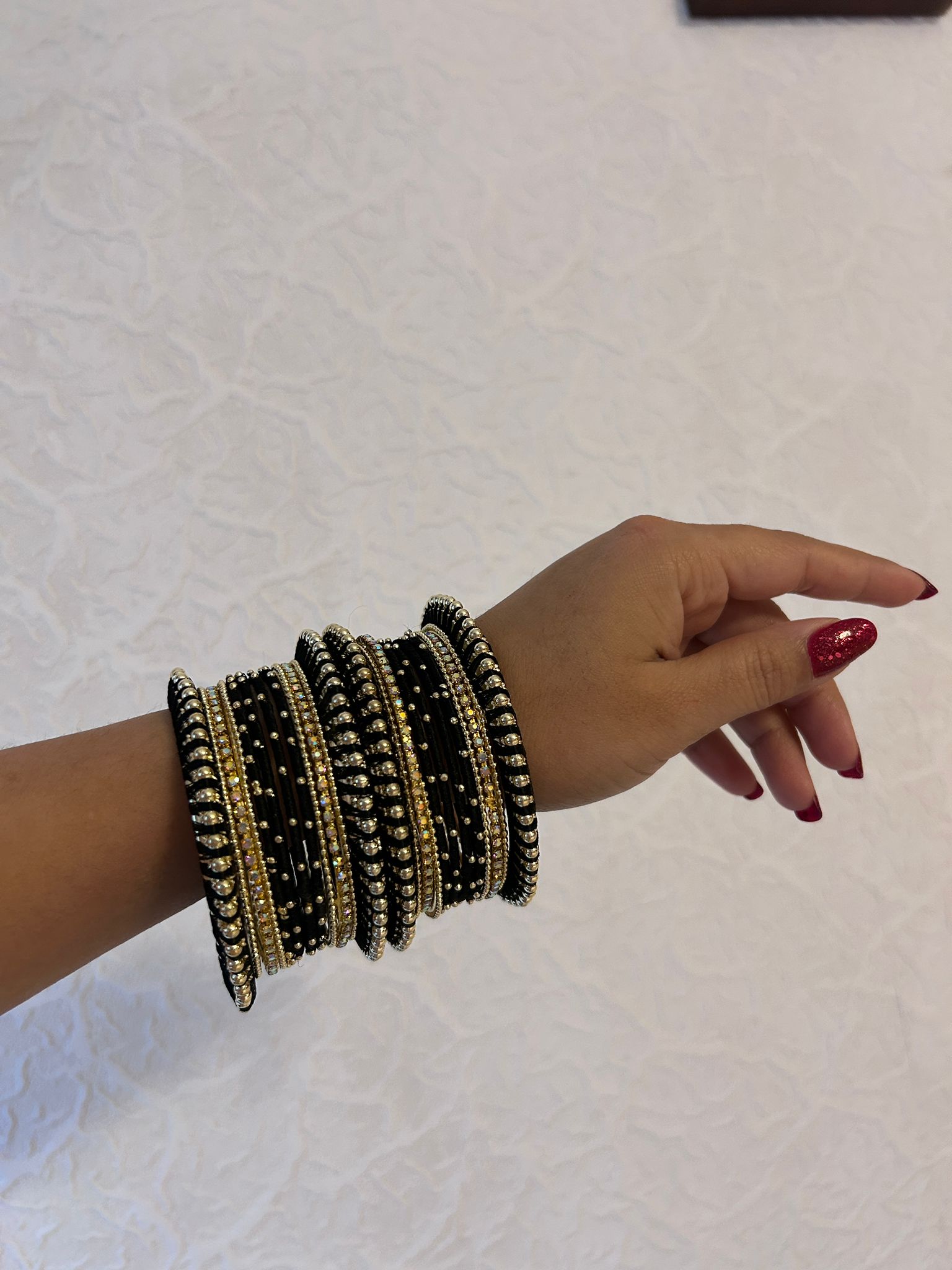 Set of 32 Gold Plated Zircon Studded Velvet Bangles