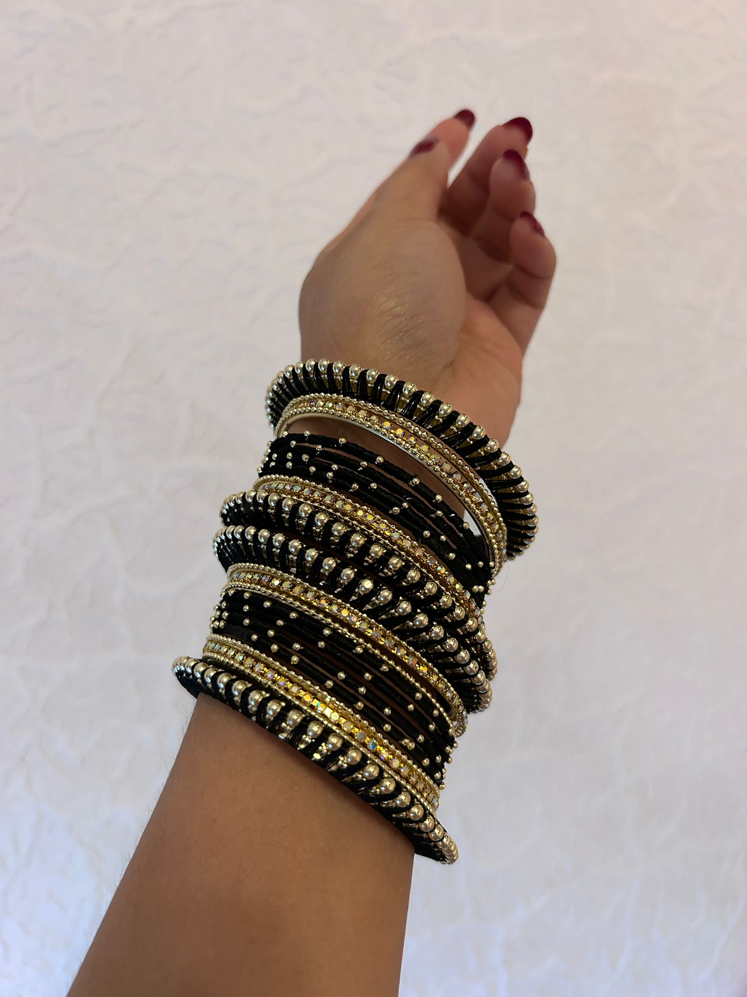 Set of 32 Gold Plated Zircon Studded Velvet Bangles