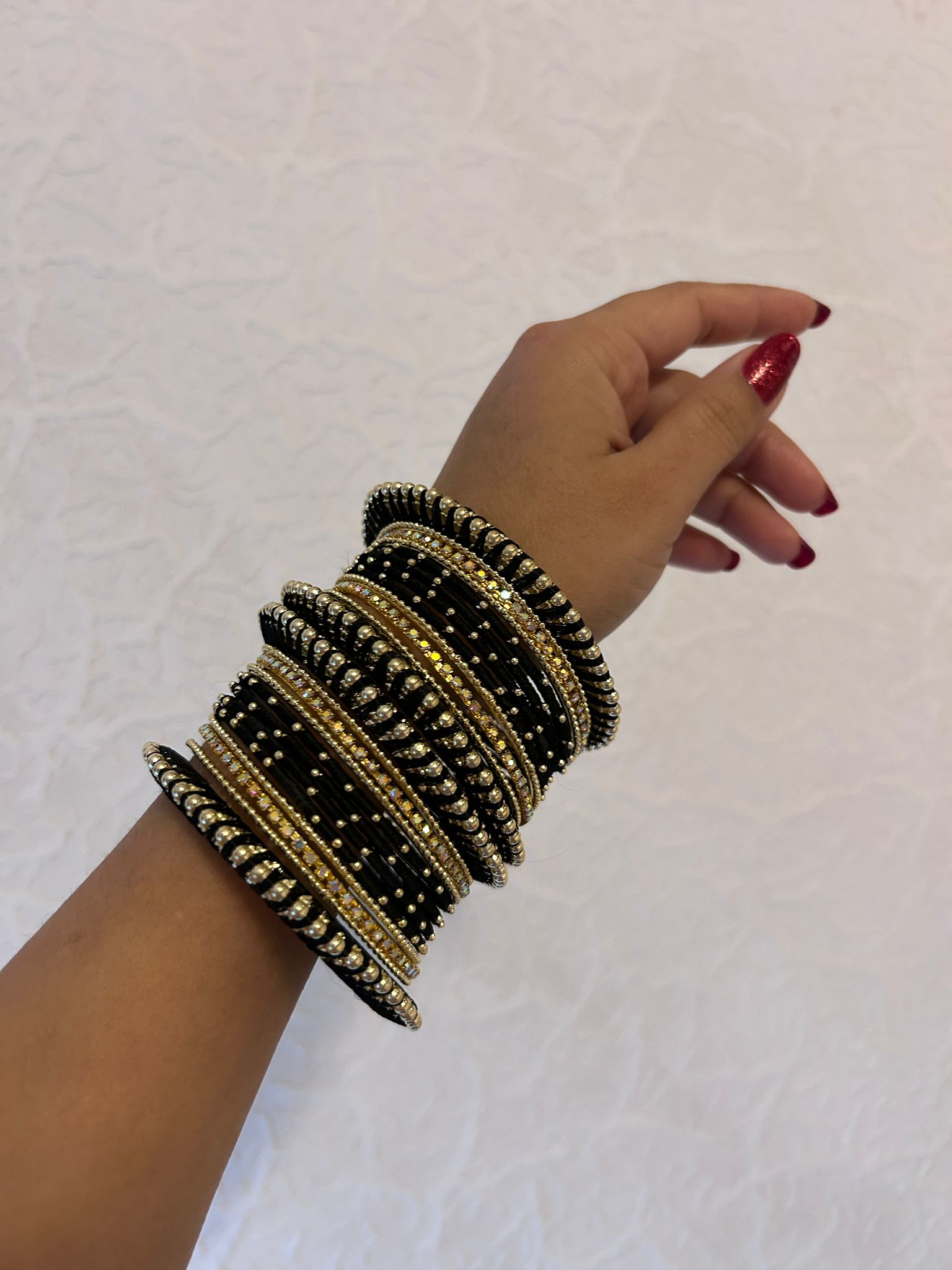 Set of 32 Gold Plated Zircon Studded Velvet Bangles