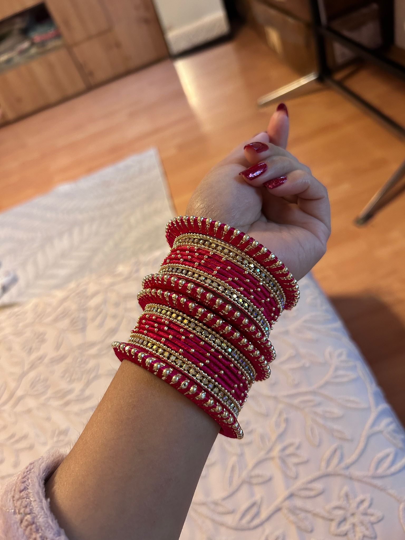 Set of 32 Gold Plated Zircon Studded Velvet Bangles