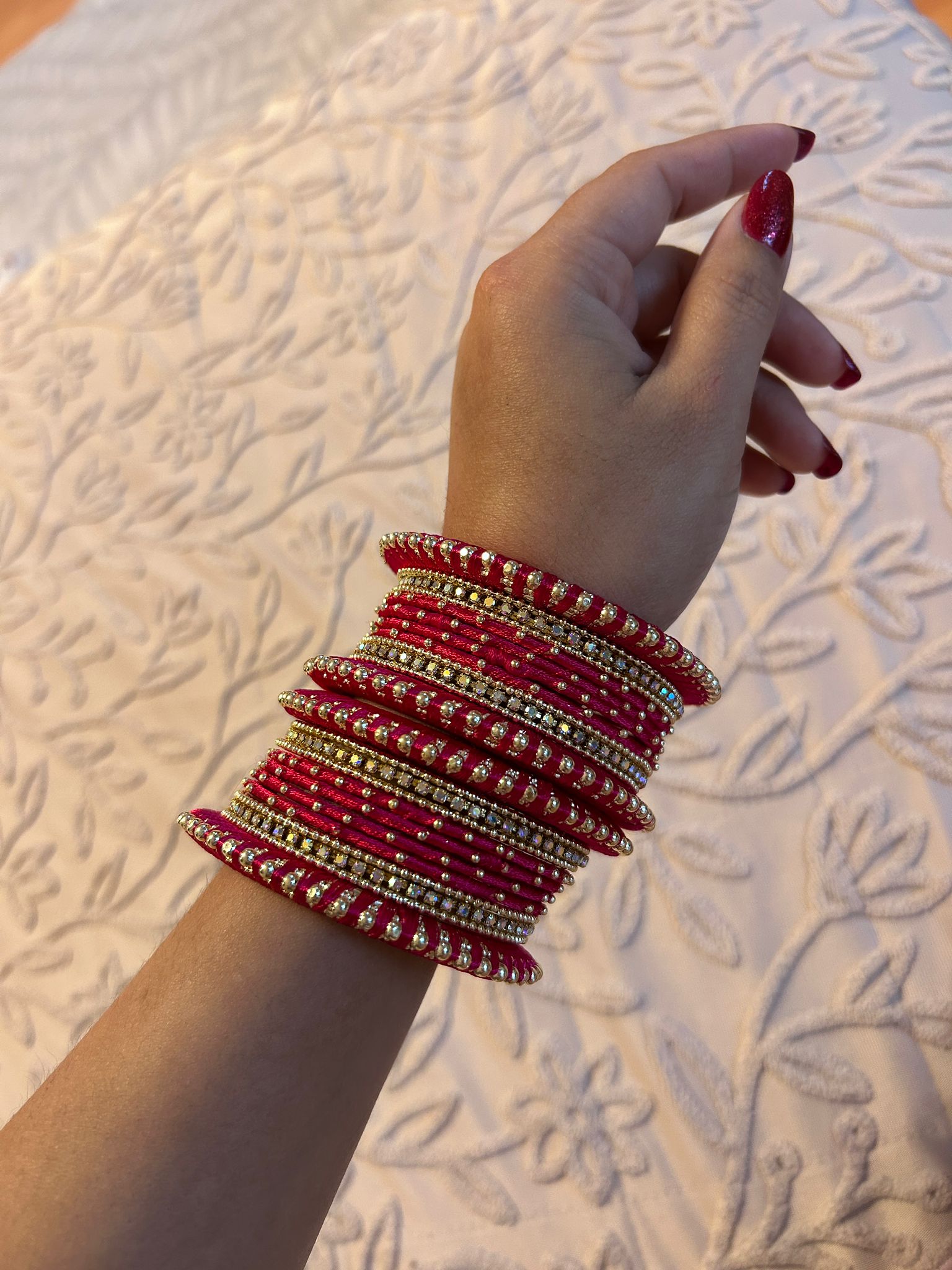 Set of 32 Gold Plated Zircon Studded Velvet Bangles