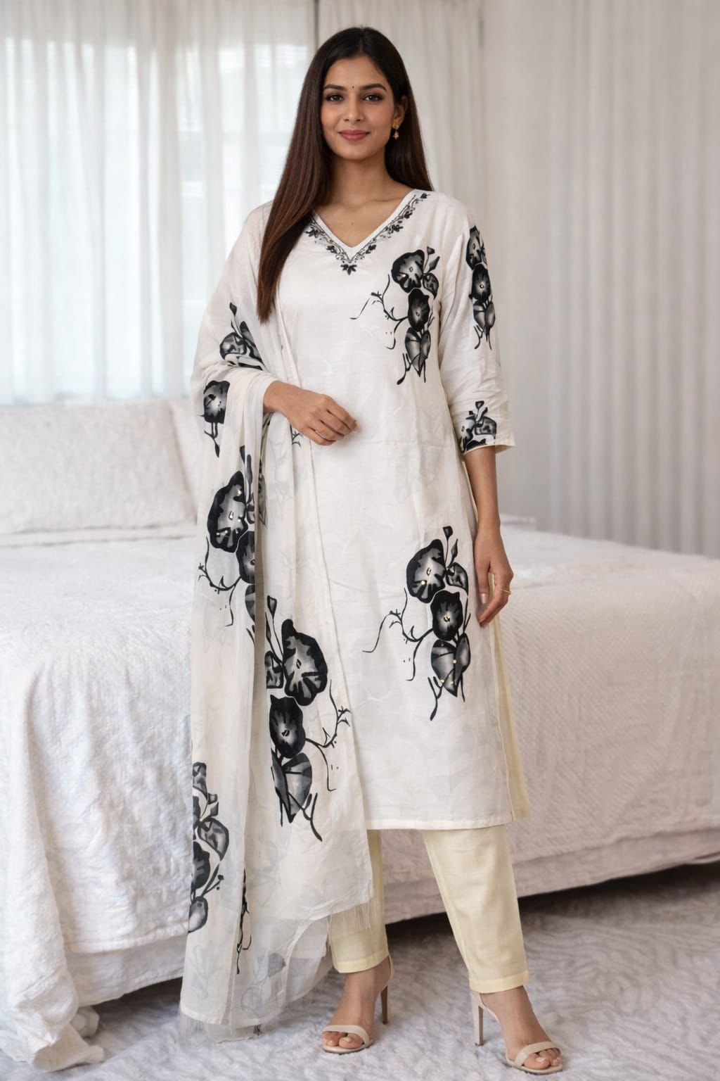 Printed Straight Kurta With Trousers & Dupatta