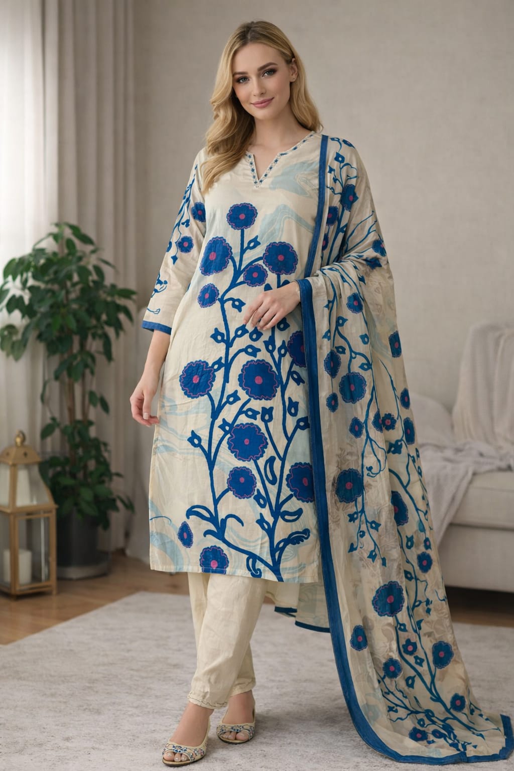 Women Floral Printed Panelled Thread Work Pure Cotton Kurta with Trousers & With Dupatta