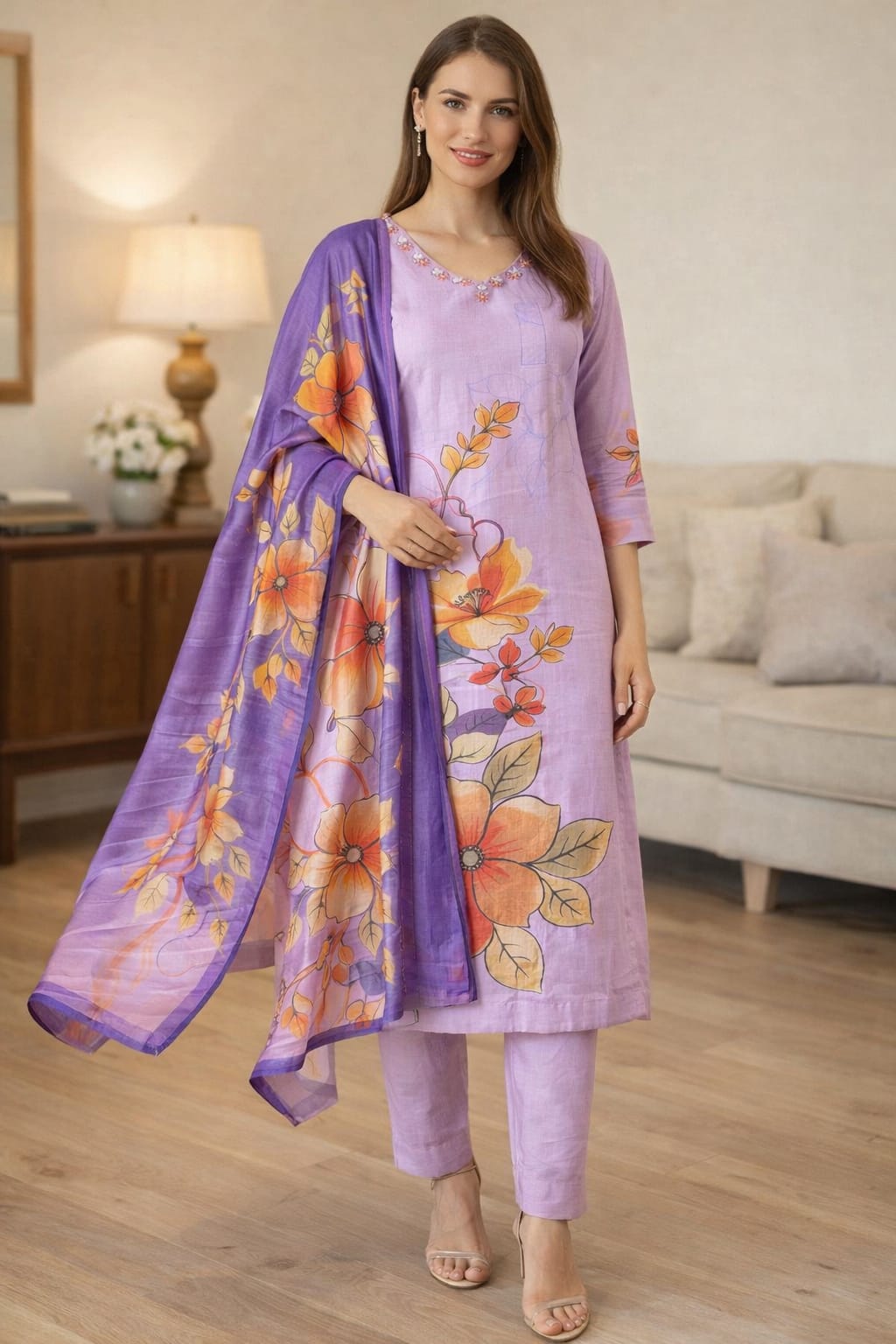 Women Floral Printed Regular Pure Cotton Kurta with Trousers & With Dupatta