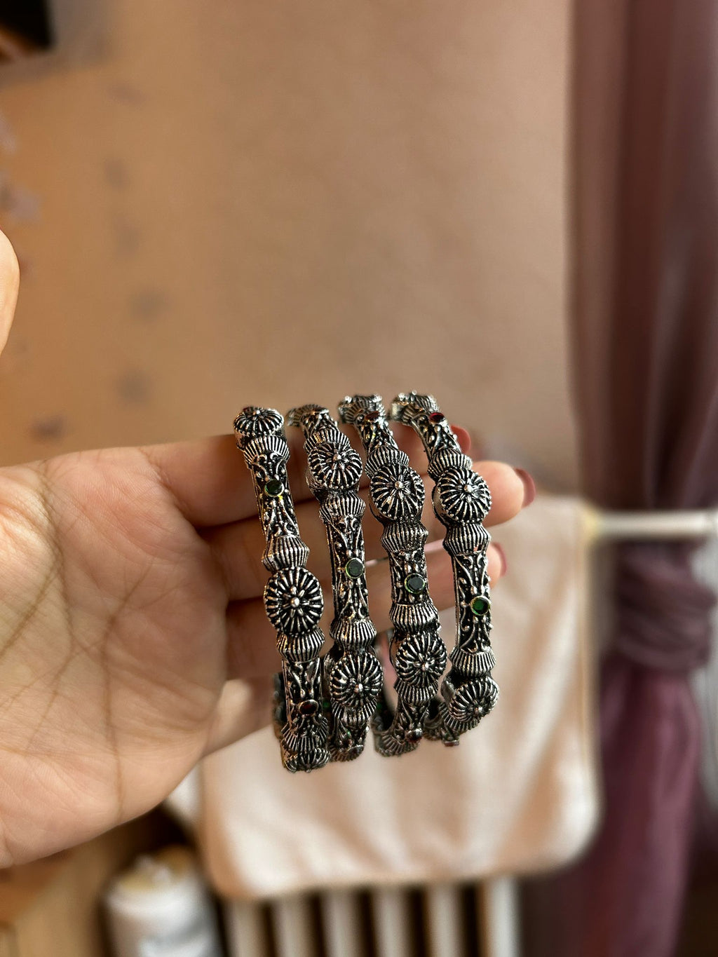 Set of 4 Silver Plated Stone Studded Bangles