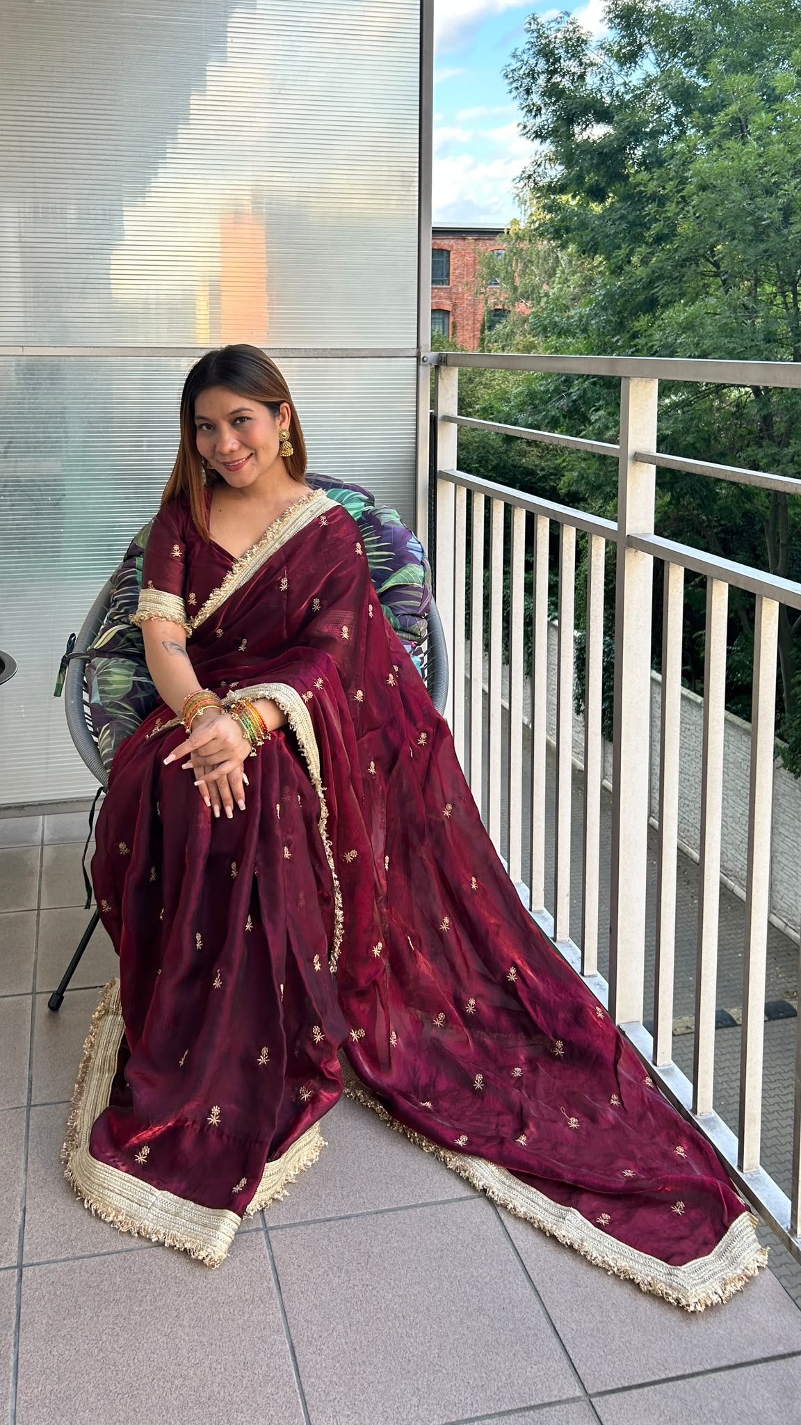 Maharani sari set in wine