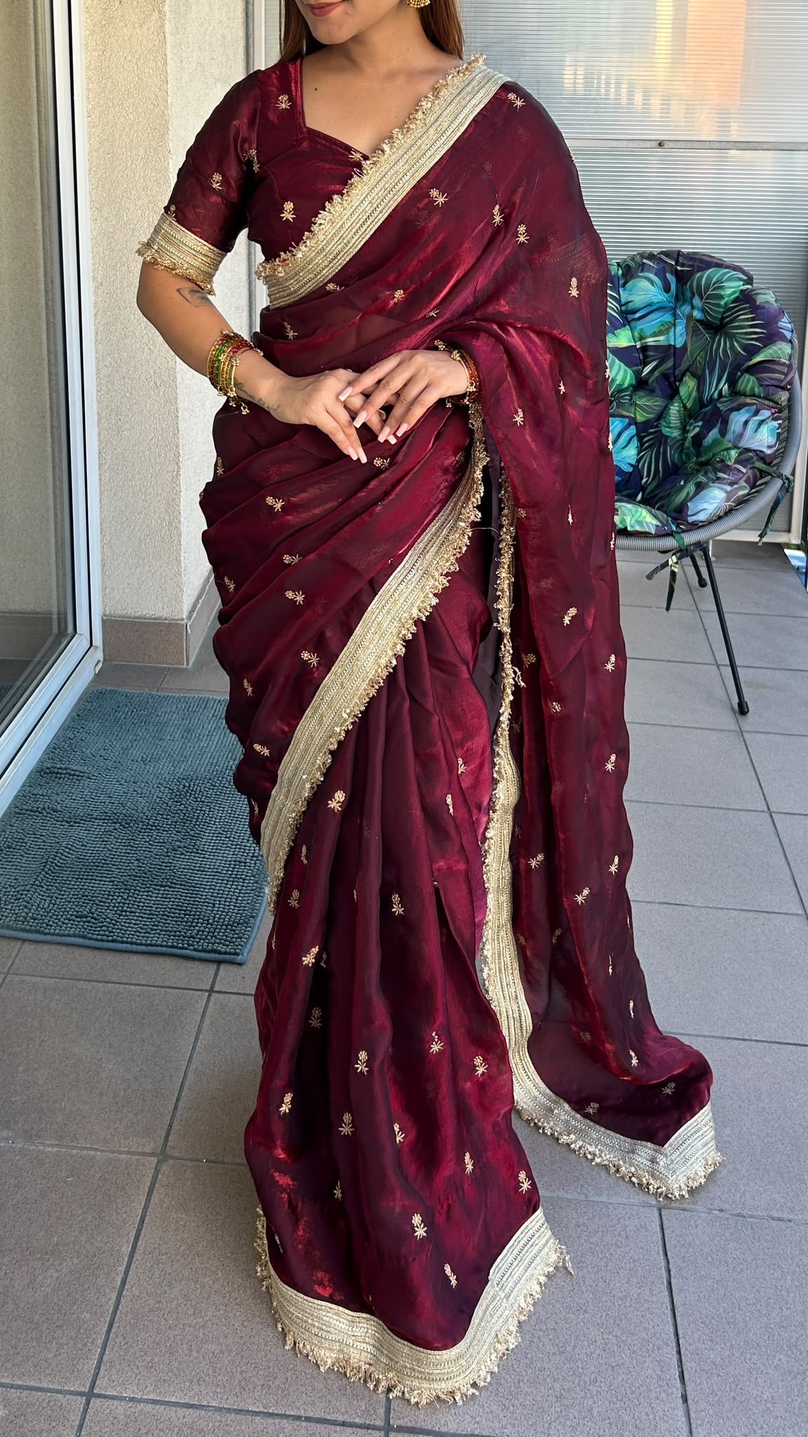 Maharani sari set in wine