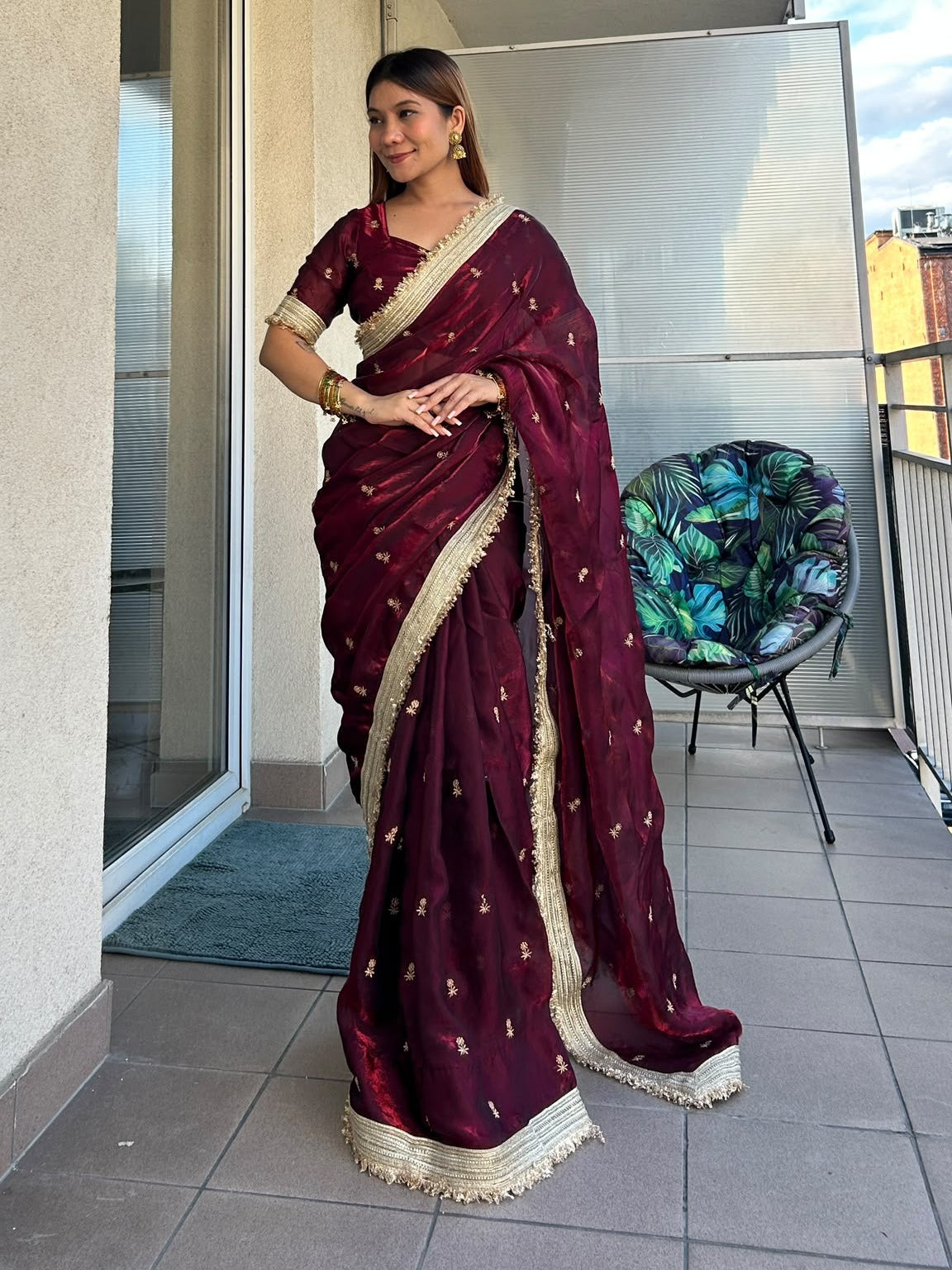 Maharani sari set in wine