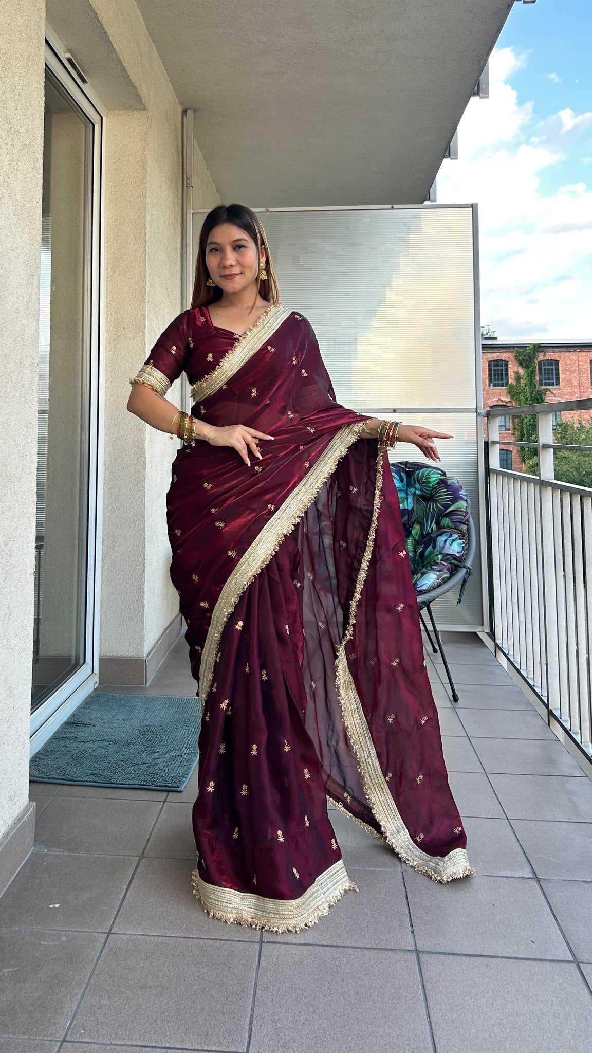 Maharani sari set in wine