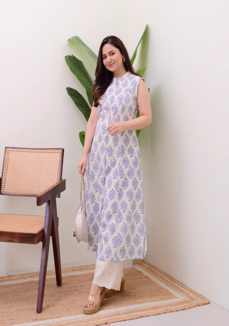 Women Embroidered Thread Work Pure Cotton Kurta with Palazzos