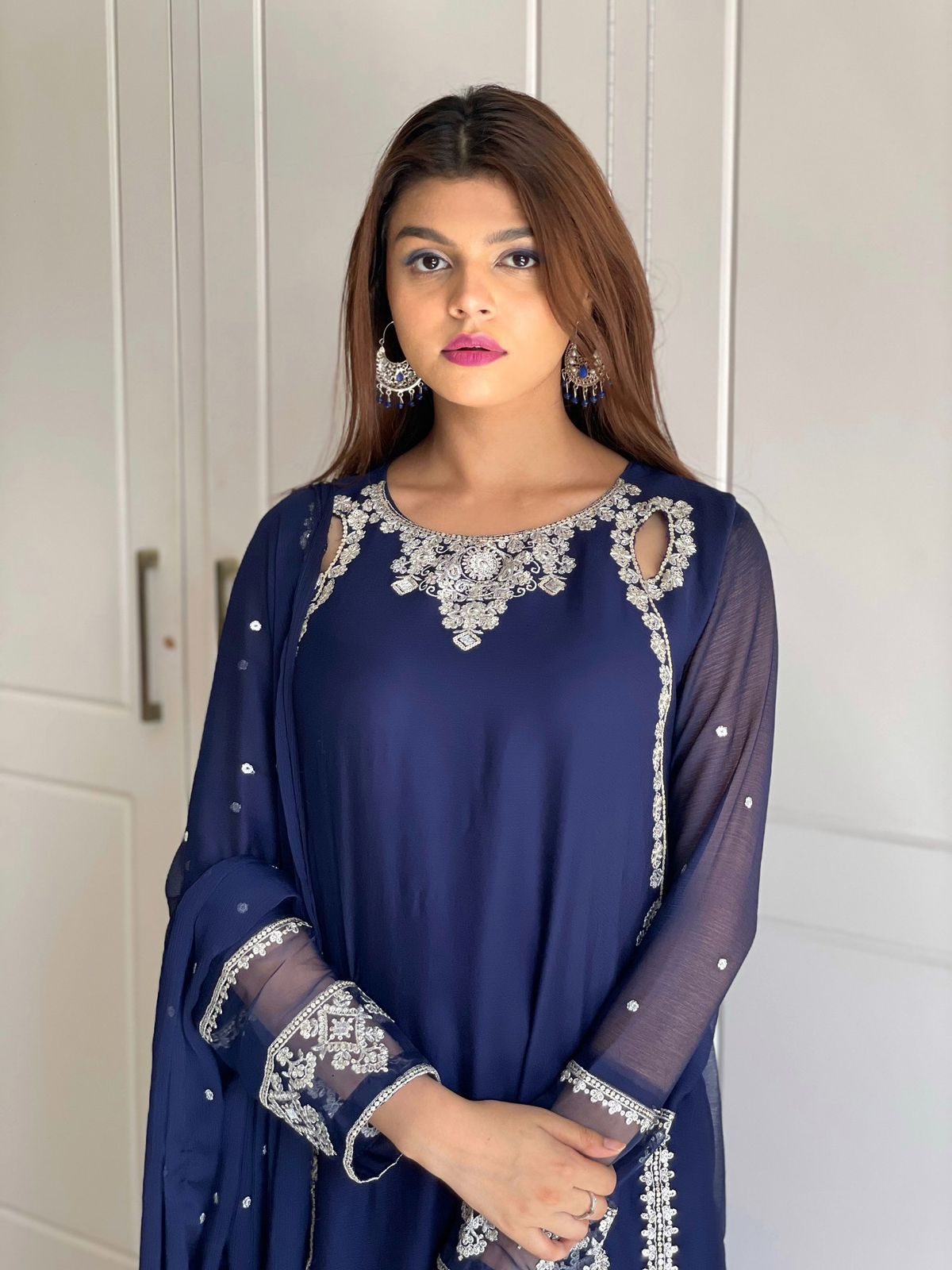 Floral Embroidered Regular Beads Work Georgette Kurta With Trousers & Dupatta
