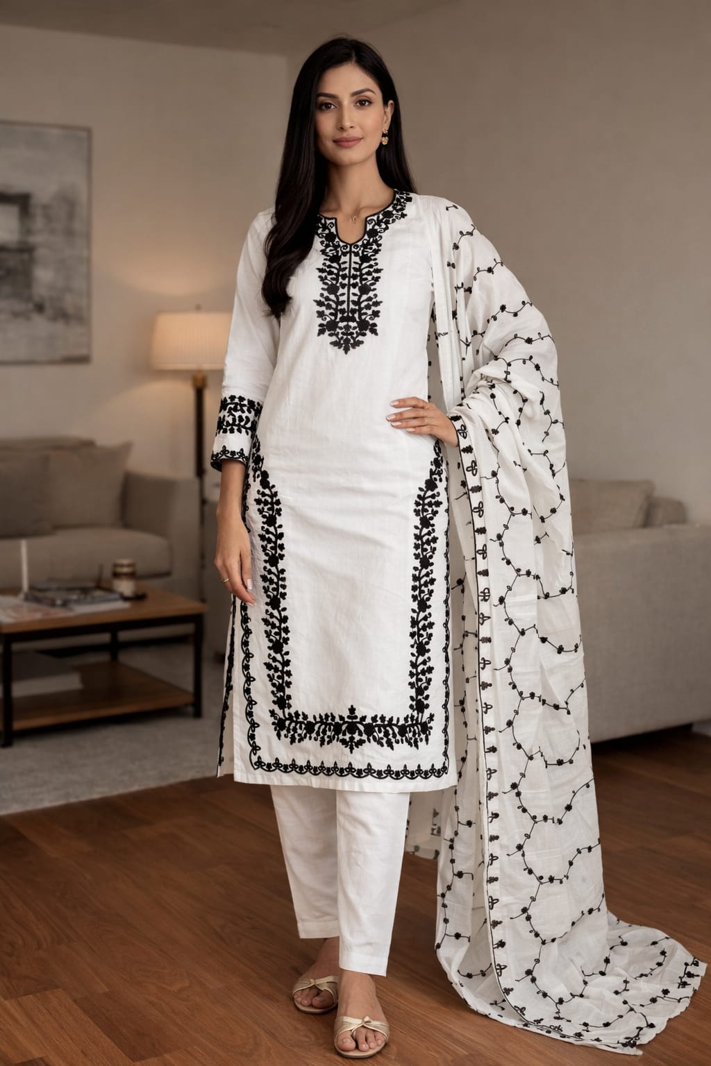 Embroidered Regular Thread Work Pure Cotton Kurta with Trousers & Dupatta