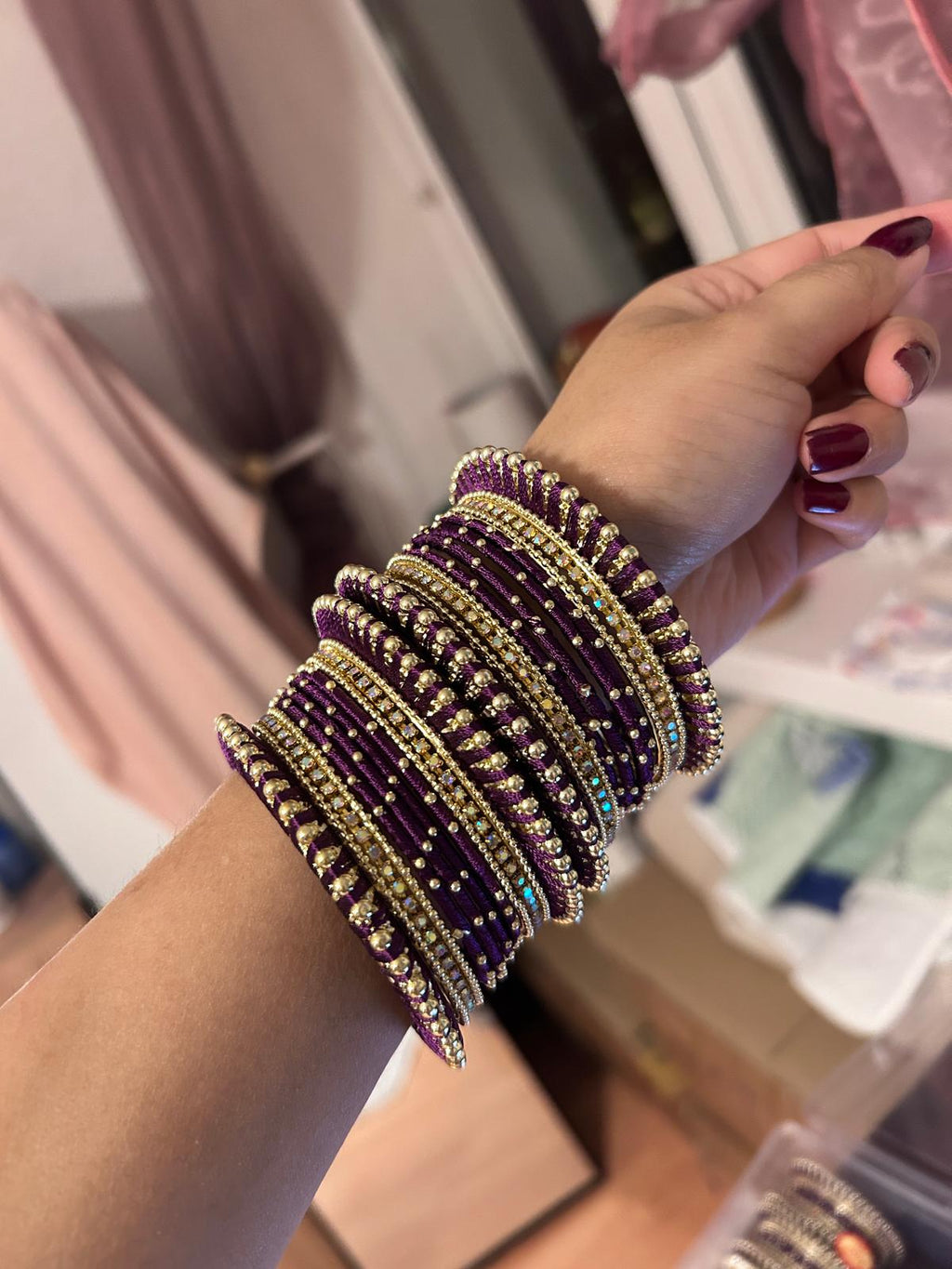 Set of 32 Gold Plated Zircon Studded Velvet Bangles