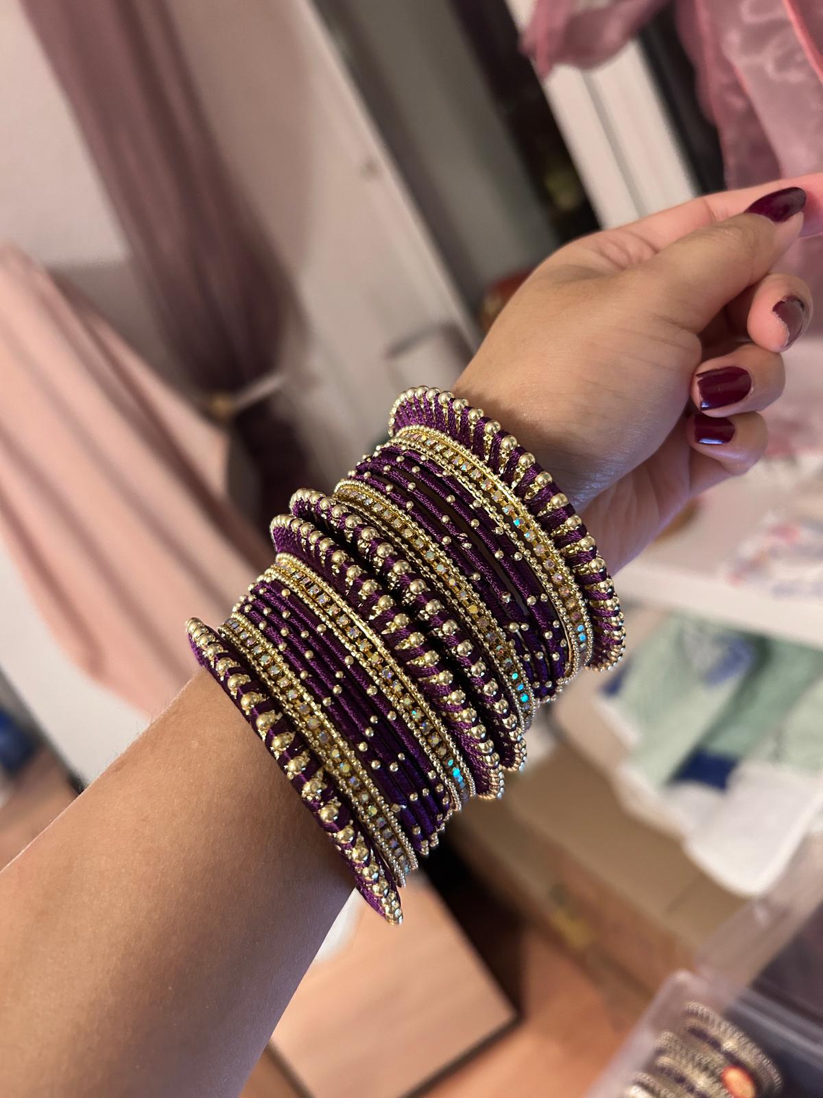 Set of 32 Gold Plated Zircon Studded Velvet Bangles