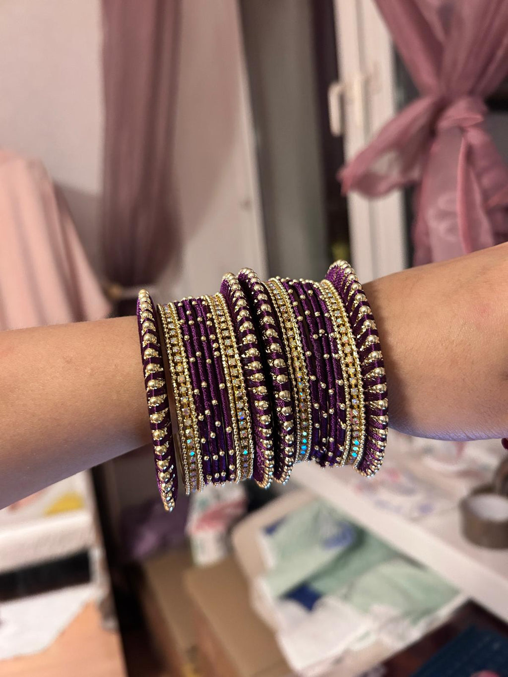 Set of 32 Gold Plated Zircon Studded Velvet Bangles