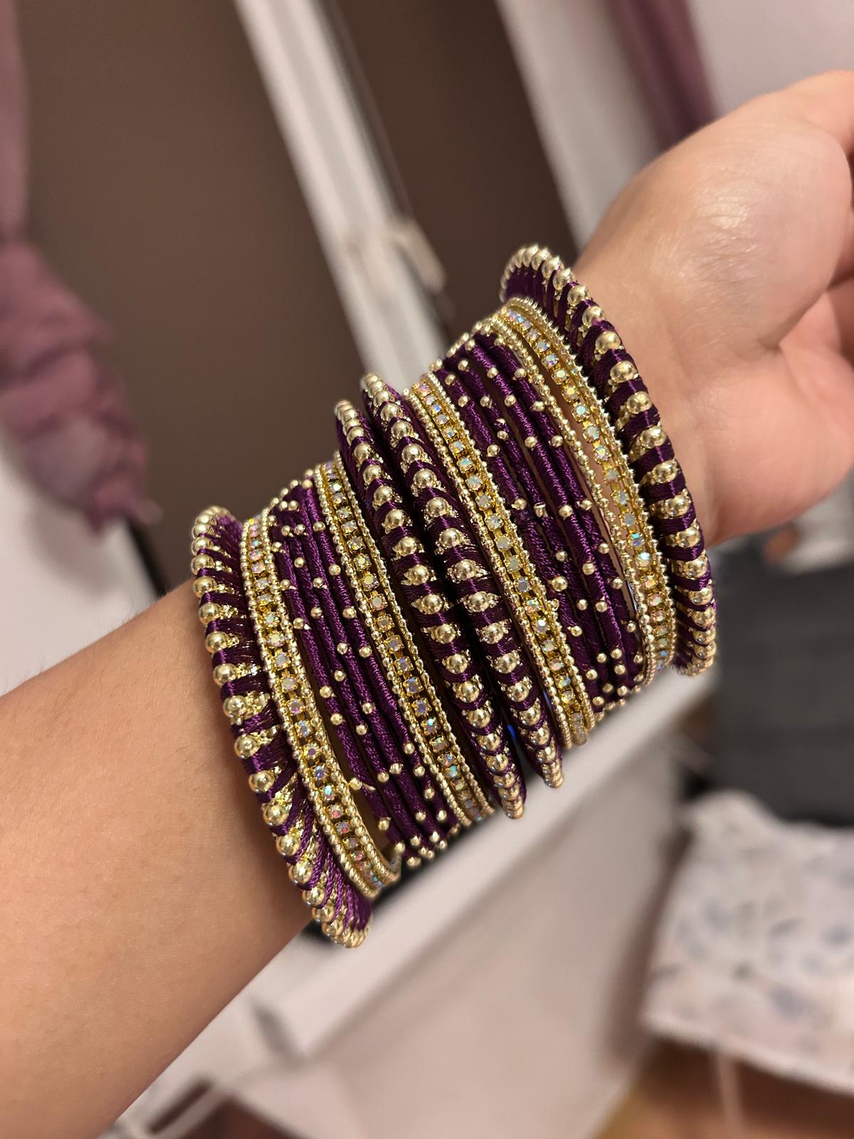 Set of 32 Gold Plated Zircon Studded Velvet Bangles