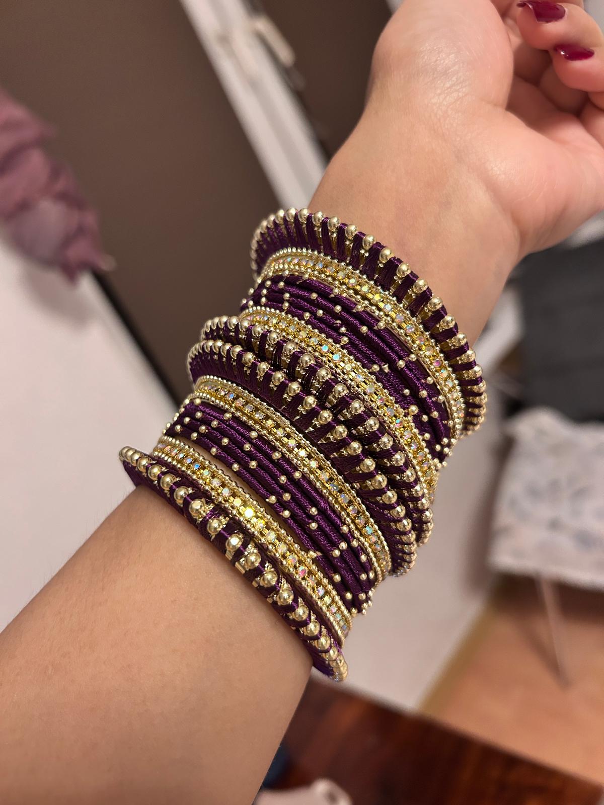 Set of 32 Gold Plated Zircon Studded Velvet Bangles