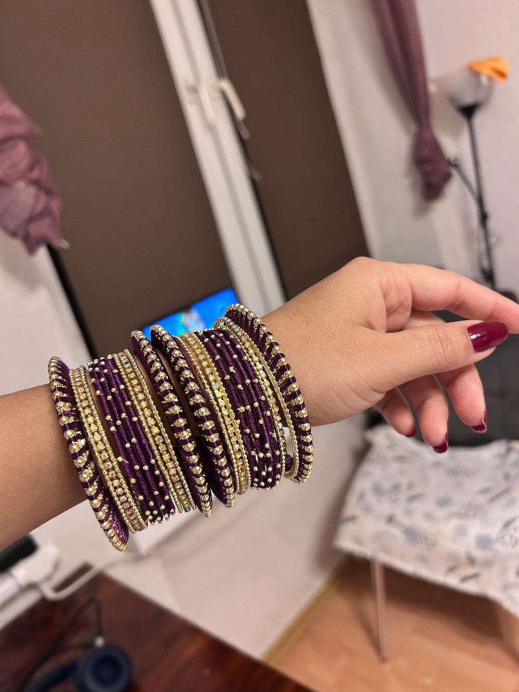 Set of 32 Gold Plated Zircon Studded Velvet Bangles