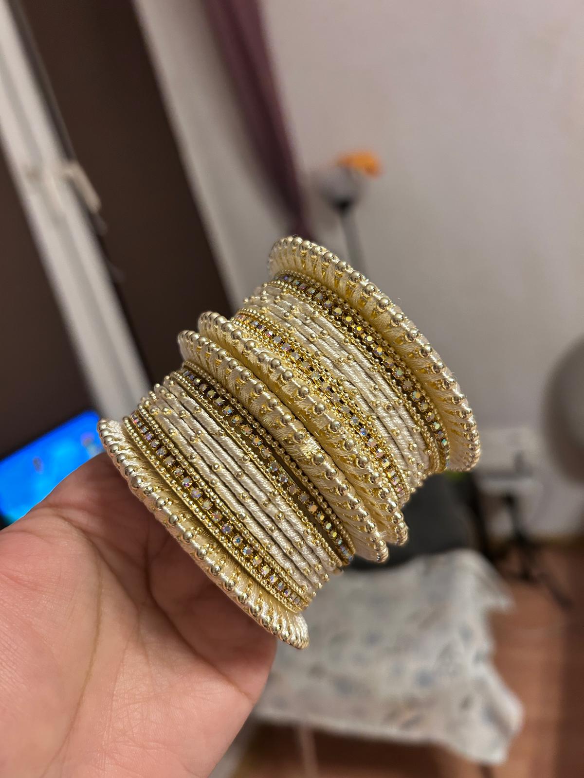 Set of 32 Gold Plated Zircon Studded Velvet Bangles