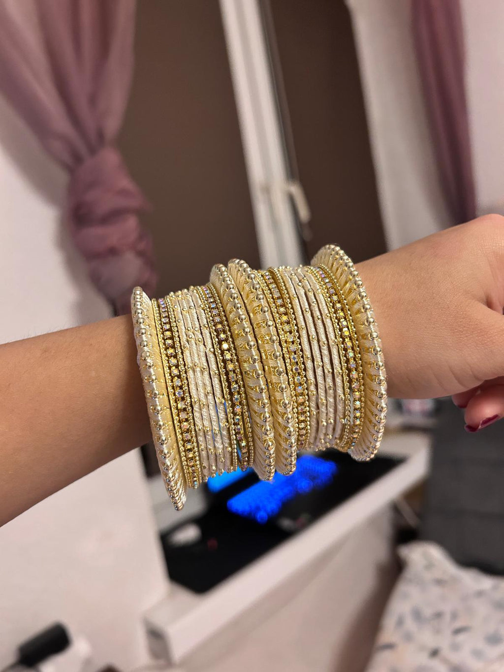Set of 32 Gold Plated Zircon Studded Velvet Bangles
