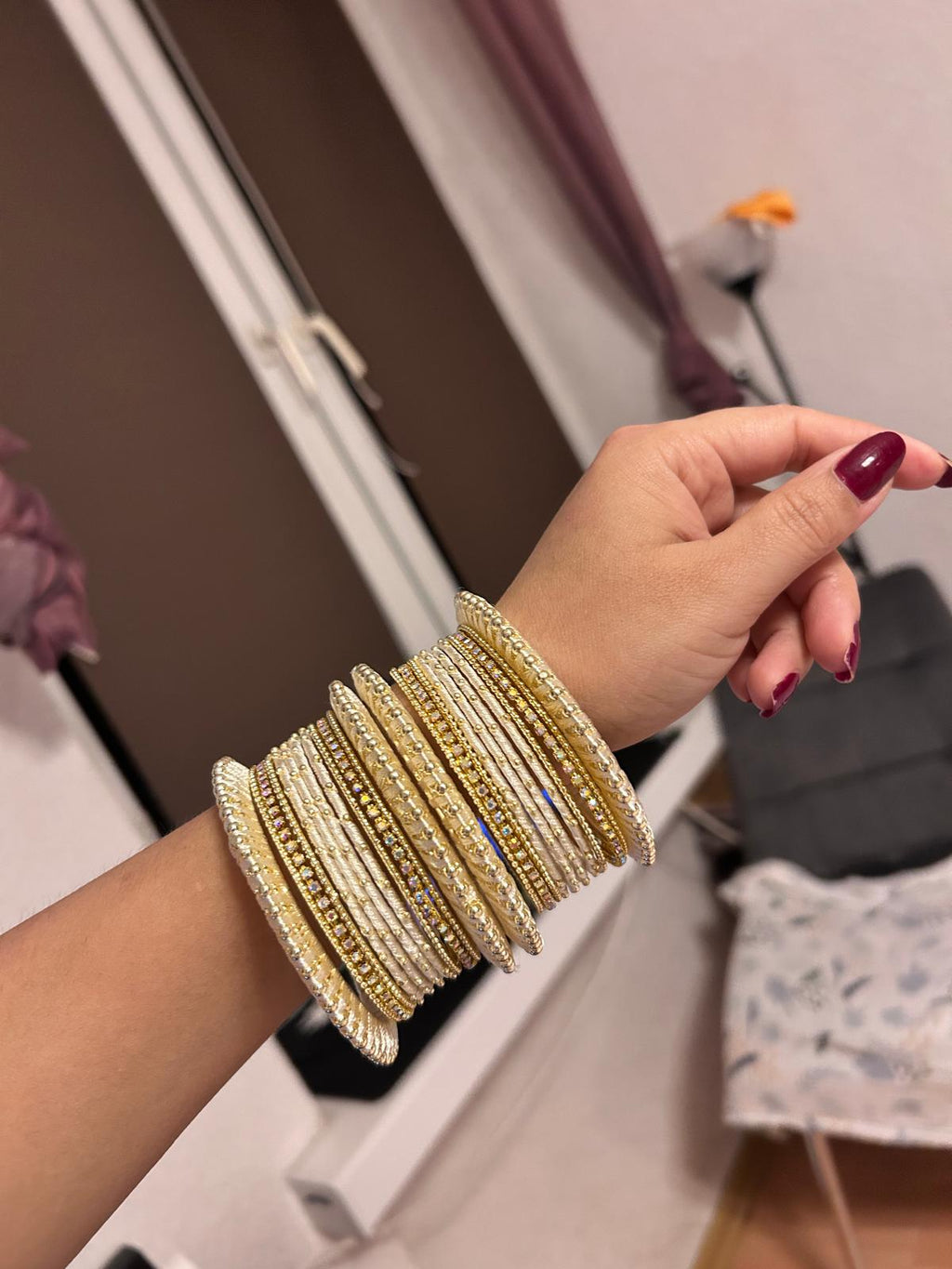 Set of 32 Gold Plated Zircon Studded Velvet Bangles