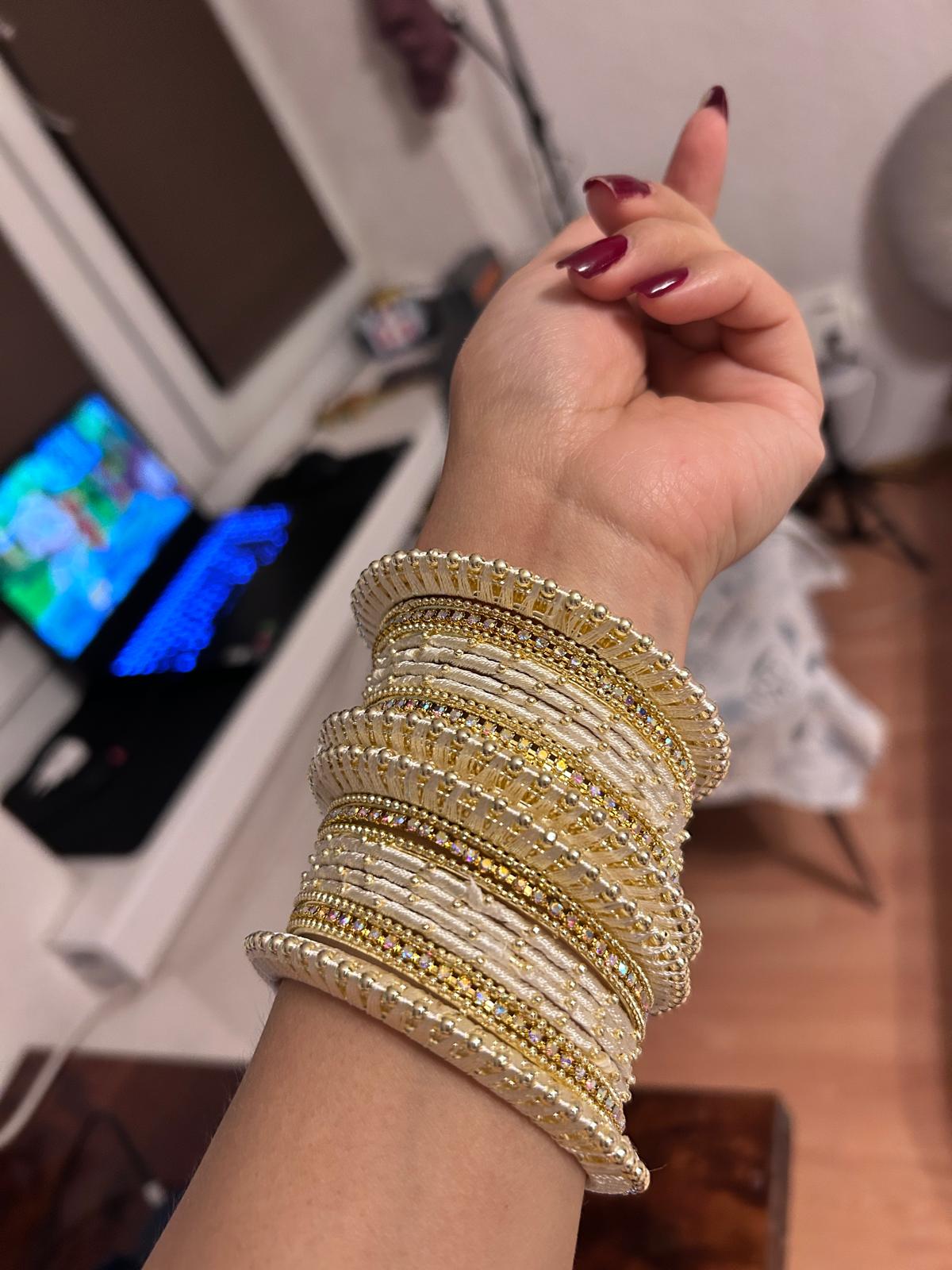Set of 32 Gold Plated Zircon Studded Velvet Bangles