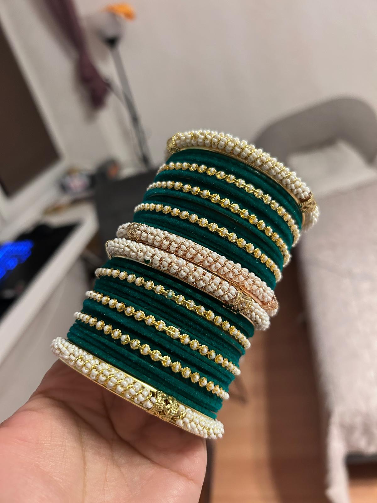 Set of Zircon Studded Velvet Metal Bangles