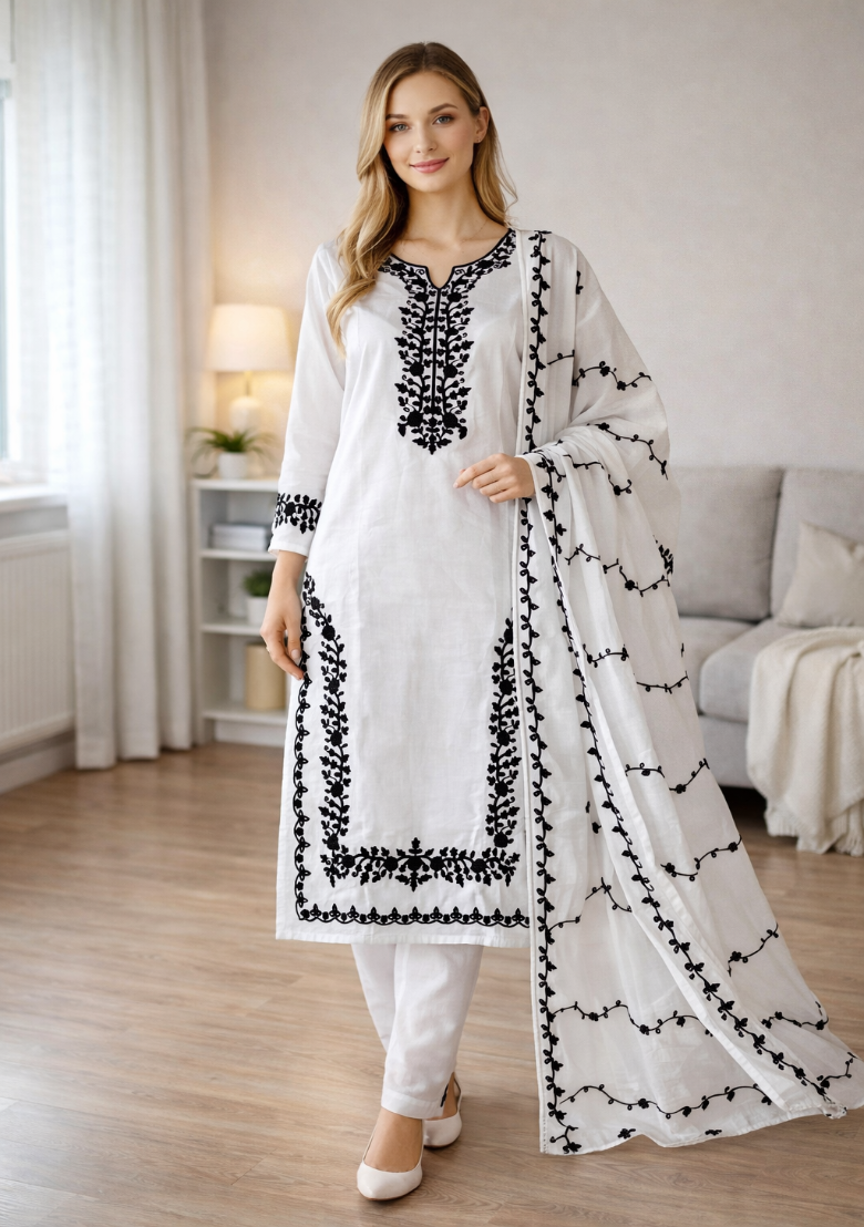 Cotton kurta set with brown thread embroidered