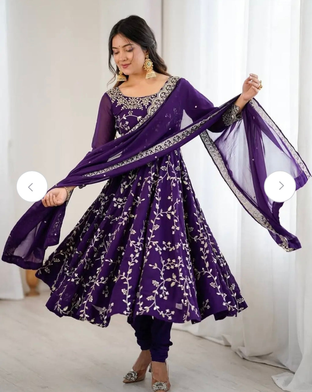 Floral Embroidered Thread Work Georgette Anarkali Kurta With Churidar & Dupatta