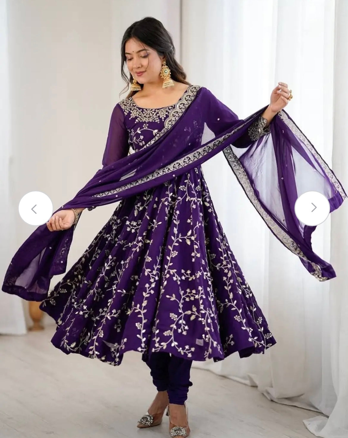 Floral Embroidered Thread Work Georgette Anarkali Kurta With Churidar & Dupatta