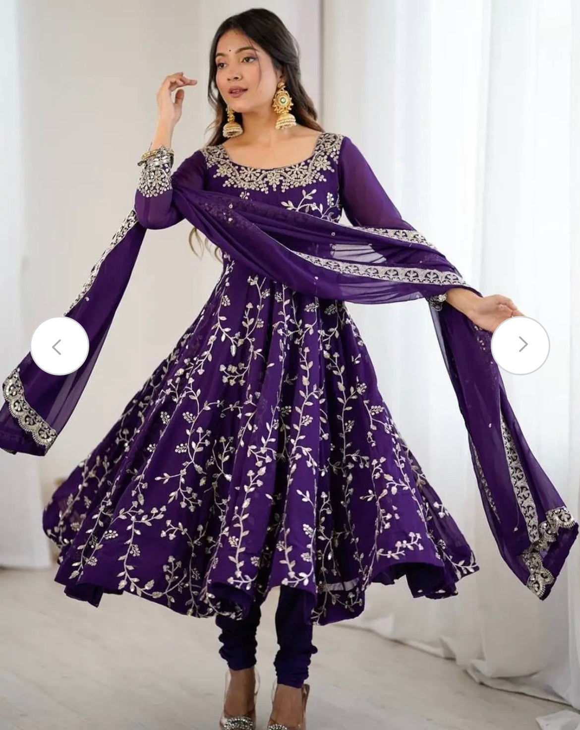 Floral Embroidered Thread Work Georgette Anarkali Kurta With Churidar & Dupatta
