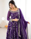 Floral Embroidered Thread Work Georgette Anarkali Kurta With Churidar & Dupatta